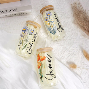 Custom Birth Flower Iced Coffee Tumbler, Personalized Floral Can Glass, Birthday Gift For Her