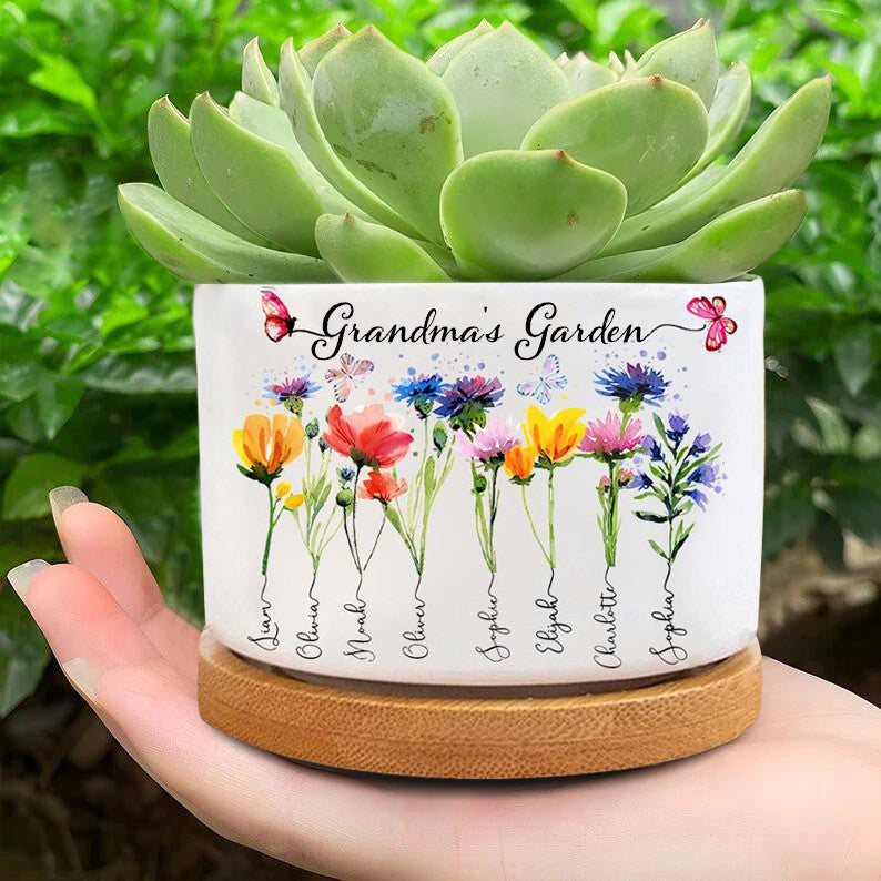Personalized Grandma's Garden Outdoor Flower Pot With Grandkids Name and Birth Flower For Mother's Day