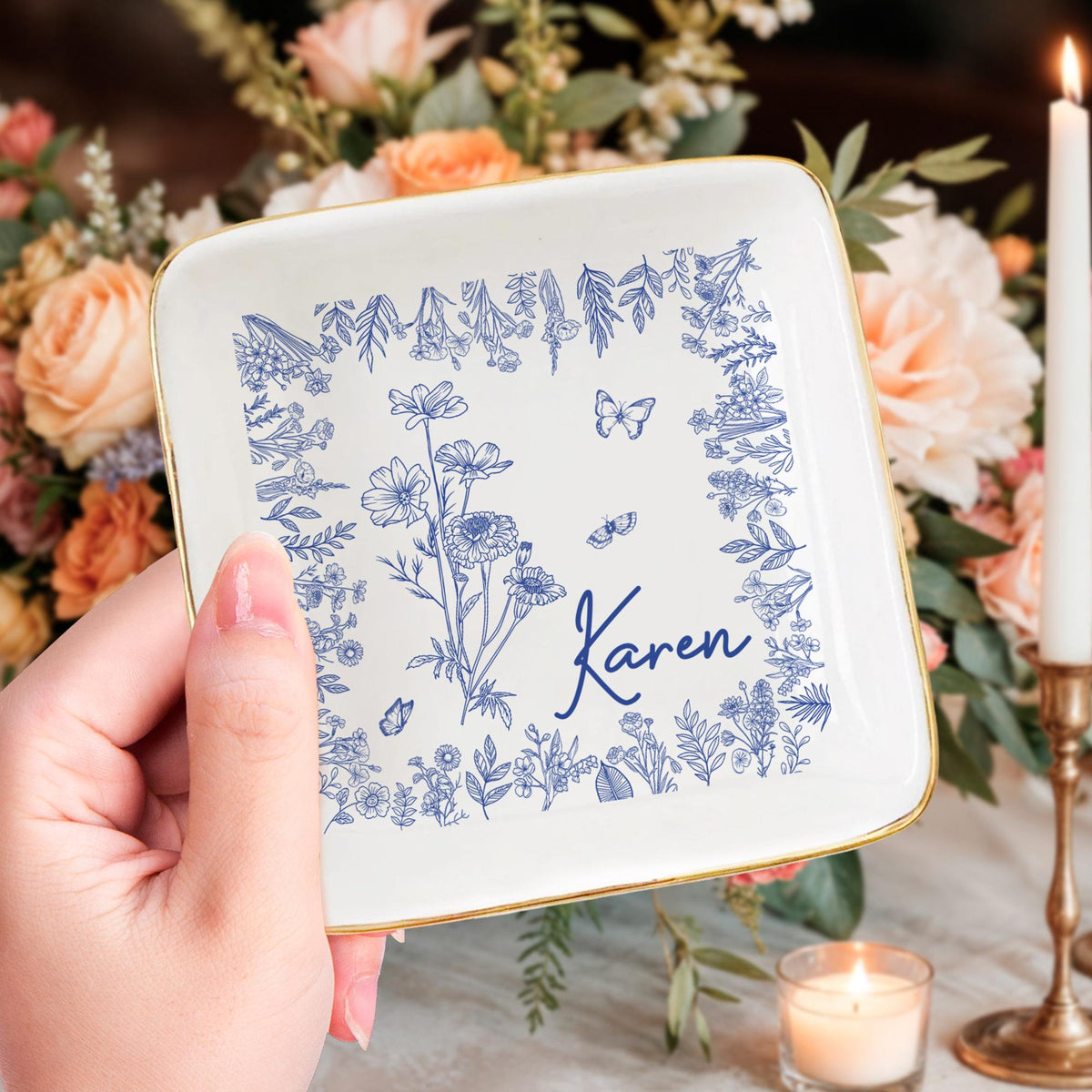 Personalized Birth Flower Trinket Dish, Custom Ceramic Jewelry Tray, Birthday Gift For Her