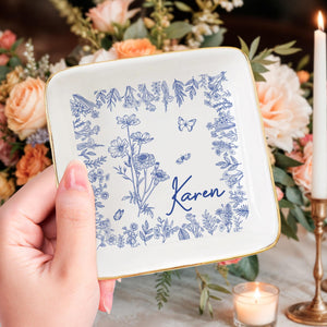 Personalized Birth Flower Trinket Dish, Custom Ceramic Jewelry Tray, Birthday Gift For Her