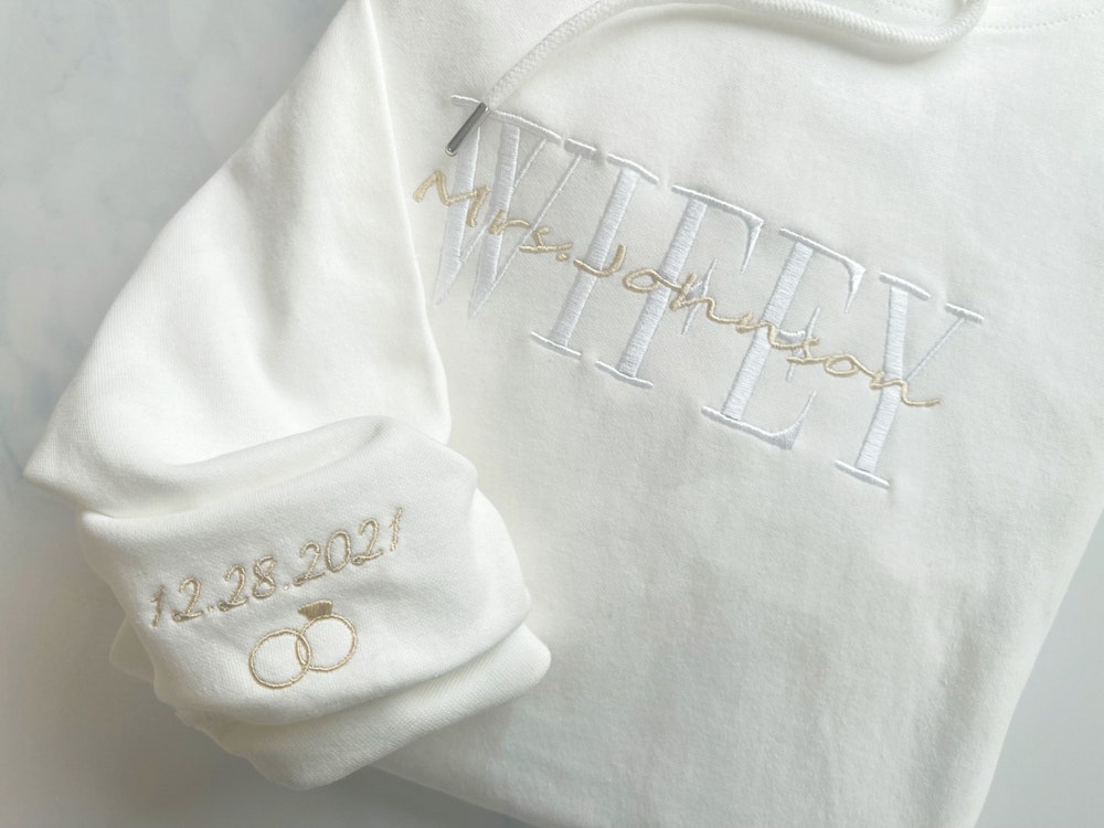 Personalized Embroidered Wifey Hubby Sweatshirt, Custom Last Name Bridal Crewneck, Gift For Couple Matching Hoodie