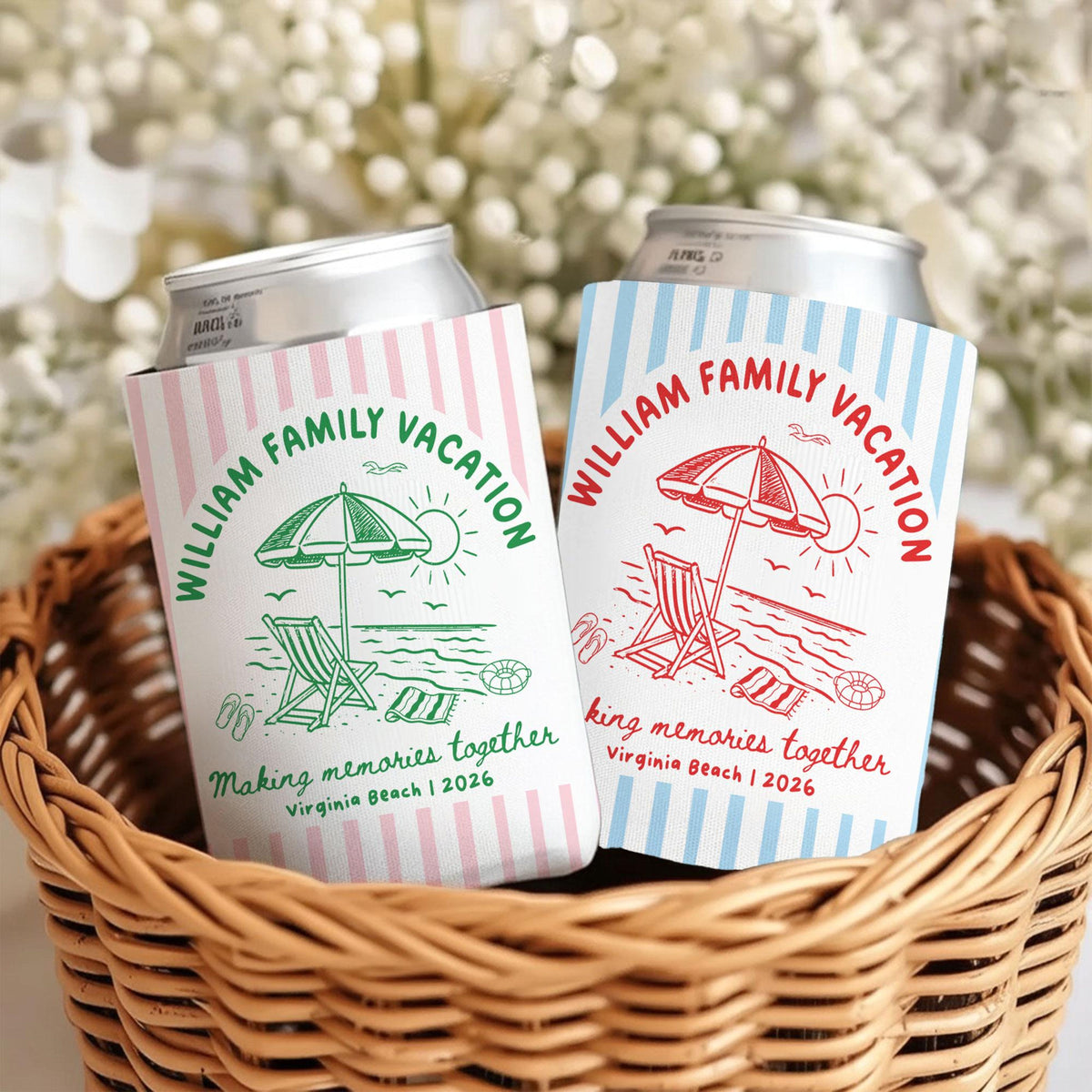 Custom Beach Family Vacation Can Coolers, Personalized Family Reunion Beer Huggers, Matching Coastal Vacation Gift, Family Summer Vacation