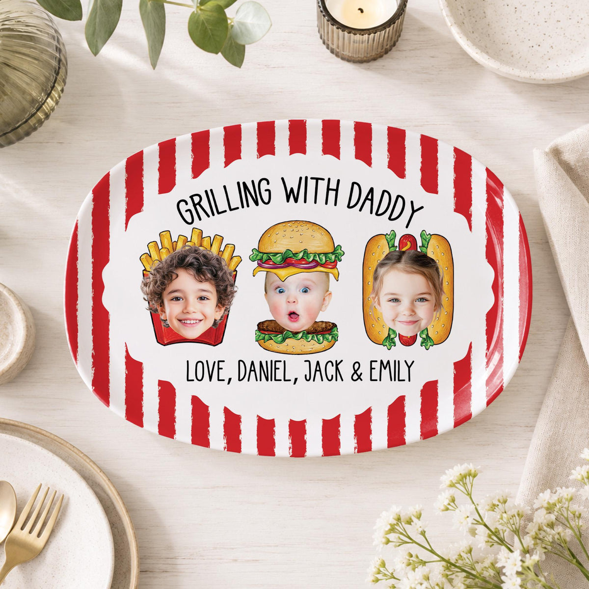 Custom Dad's Grilling Platter with Kids Faces: Father's Day Gift From Kids, Striped Grilling Plate for Kitchen Decoration, Funny Daddy Gift