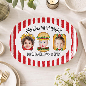 Custom Dad's Grilling Platter with Kids Faces: Father's Day Gift From Kids, Striped Grilling Plate for Kitchen Decoration, Funny Daddy Gift