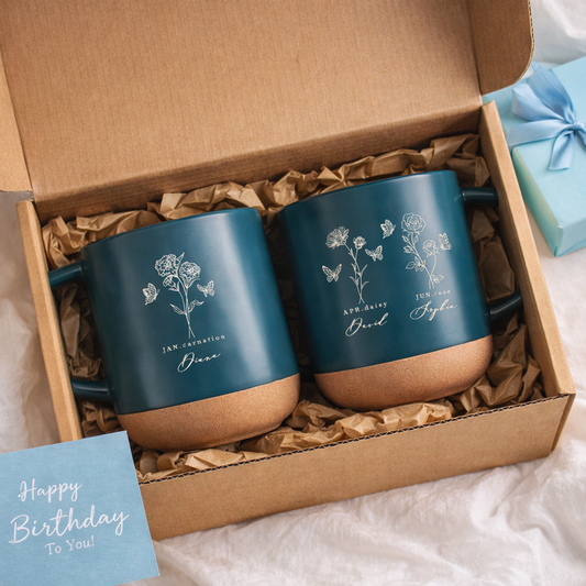 Custom Family Birth Flowers - Personalized Engraved Pottery Mug - Birthday Gift For Grandma, Mom, Daughter, Mother's Day Gift