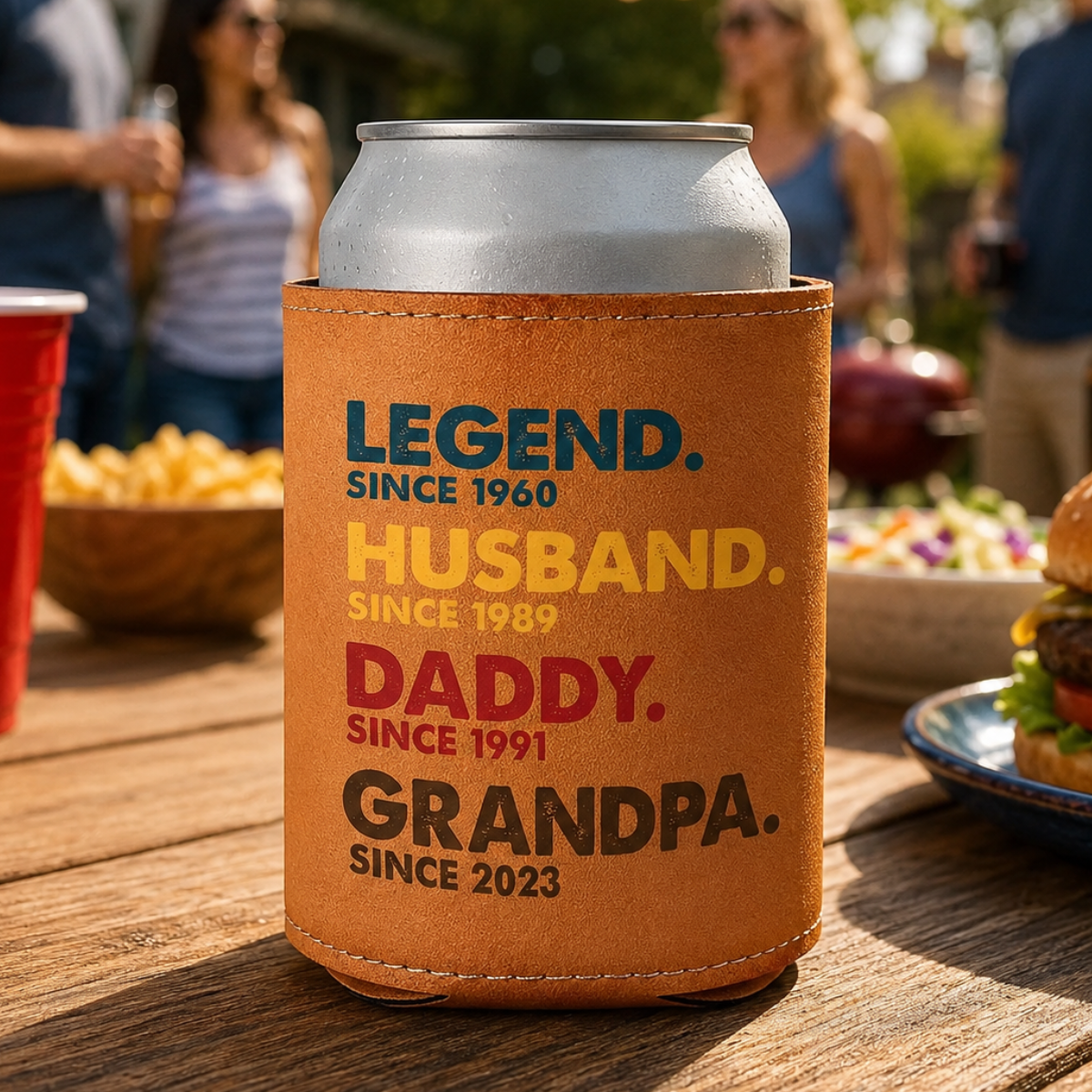 Legend Husband Daddy Papa - Personalized Leather Can Cooler - Gift For Grandpa, Father, Father's Day Gift