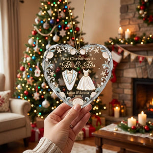 First Christmas As Mr And Mrs Ocean Pearl Crystal Heart Ornament - Personalized Wedding Gifts for Couples