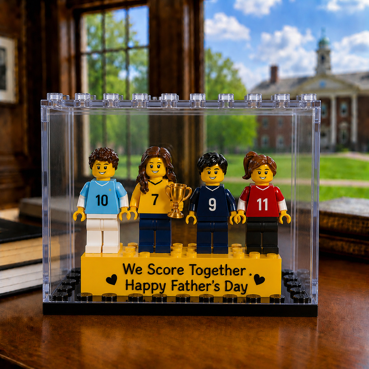 Personalized Minifigure Set with Custom Display Case , Custom Soccer Family Minifigure Fathers Day Personalised Mini Figure Gift for Dad, Family Champion Team Gift