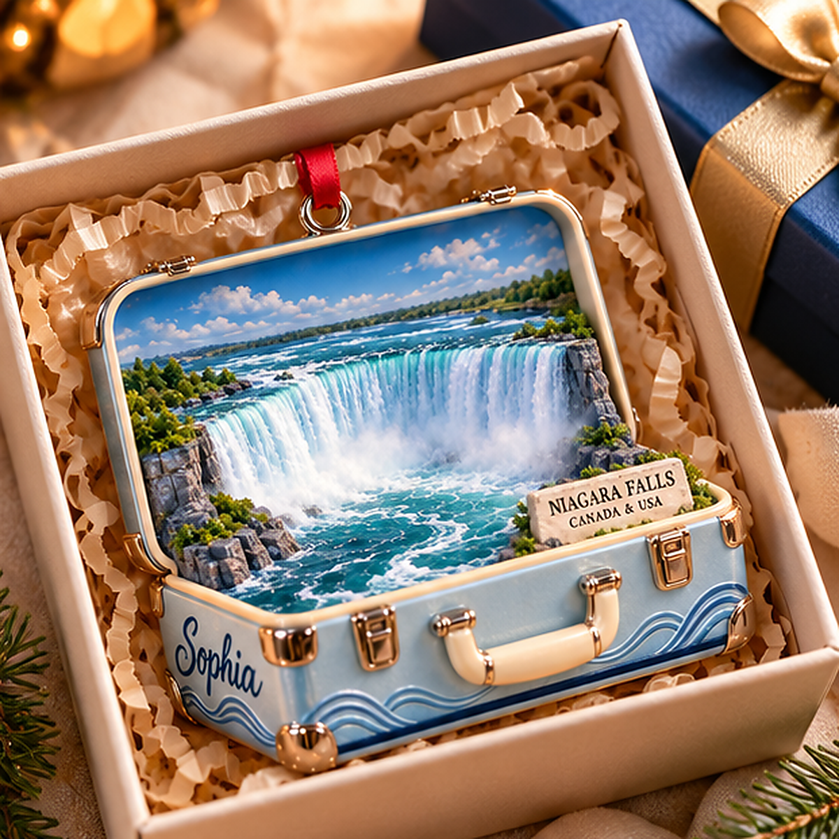 Personalized Niagara Falls 3D Suitcase Christmas Ornament, Custom Name Canada USA Travel Keepsake, Niagara Falls Vacation Souvenir Gift 1153c4d2-320c-4eb9-a9f3-f2a82b9f599b-niagara_falls_02_gift_box_1200.png