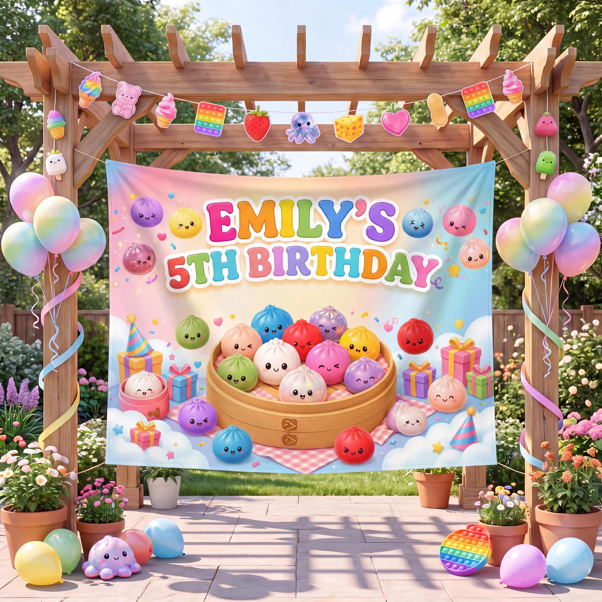 Custom Pastel Rainbow Kawaii Birthday Backdrop, Sensory Toy Fidget Party Banner, Personalized Dumpling Tapestry Photo Booth Decor 1166b41a-eae4-462b-b811-2d1a353686db-2.jpg