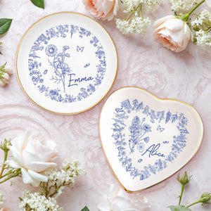 Personalized Birth Flower Trinket Dish, Custom Ceramic Jewelry Tray, Birthday Gift For Her