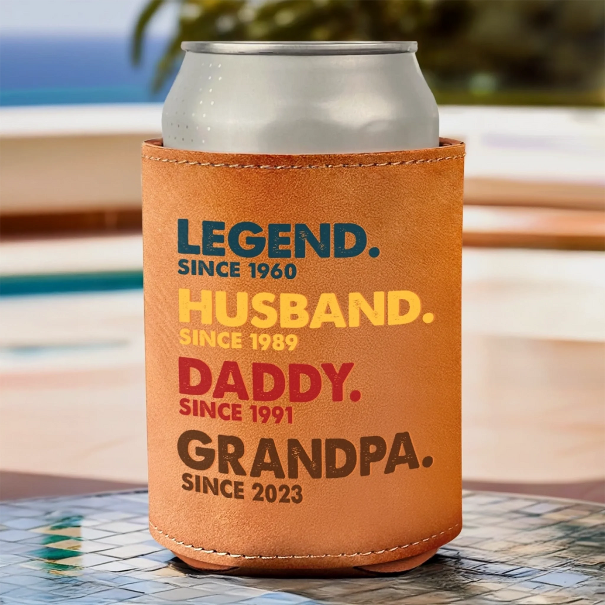Legend Husband Daddy Papa - Personalized Leather Can Cooler - Gift For Grandpa, Father, Father's Day Gift