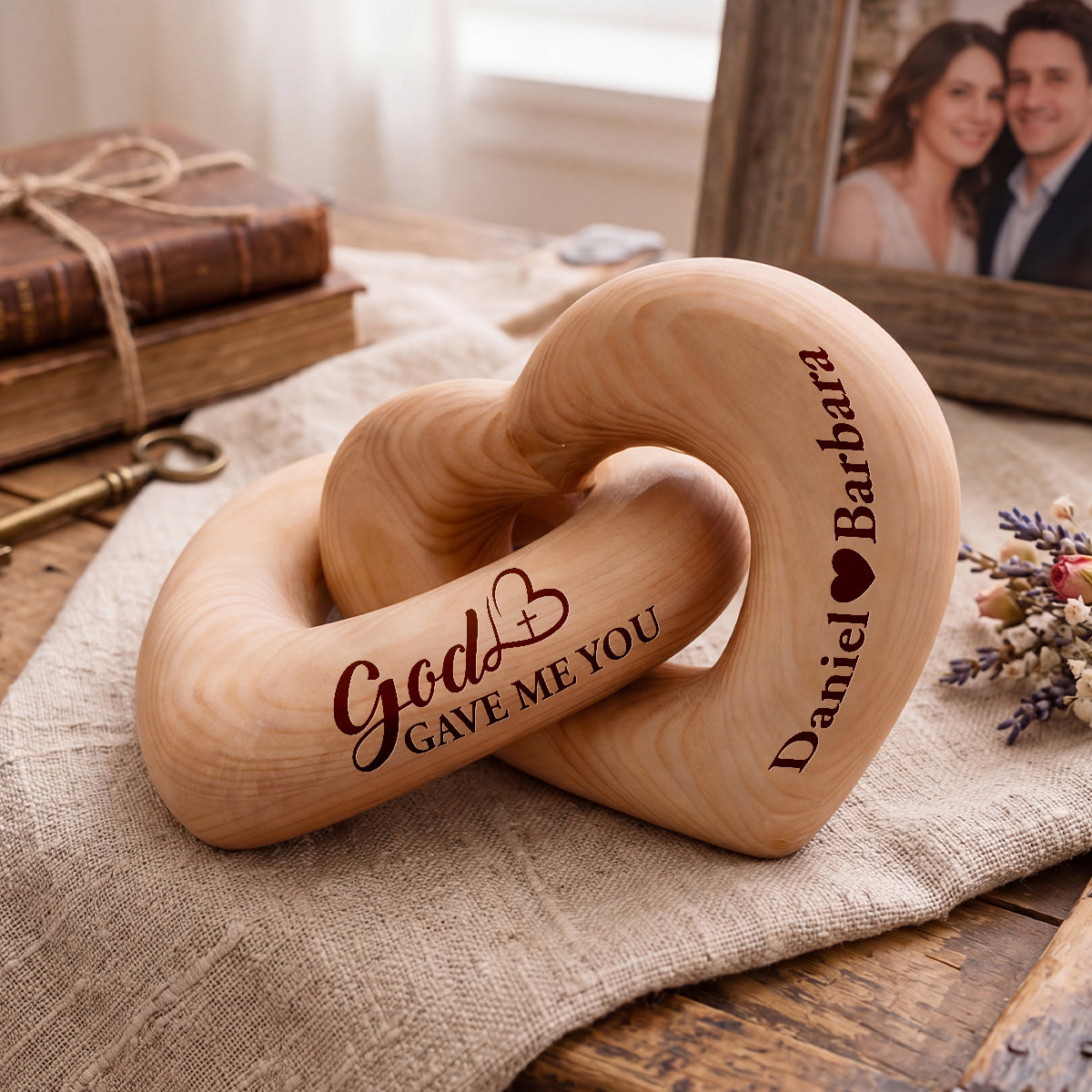 God Gave Me You - Personalized Interlocking Wooden Hearts - Gift For Husband, Father's Day Gift, Anniversary, Birthday Gift