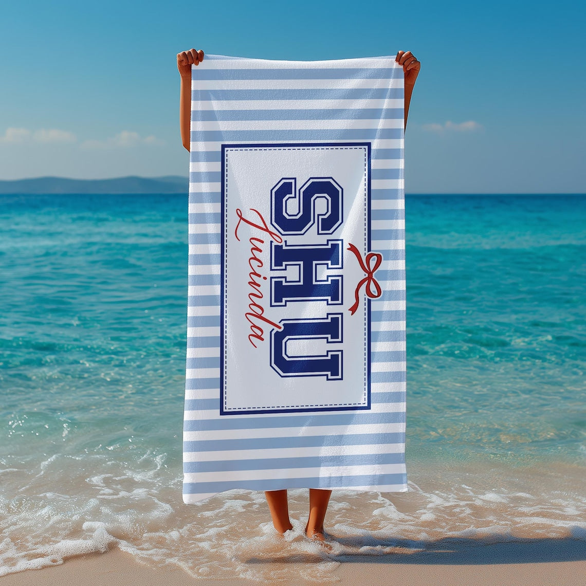 Personalized Coquette School Striped Beach Towel: College University Pride Spirit Gift, High School Graduation Gift, Class Of 2026 Gift