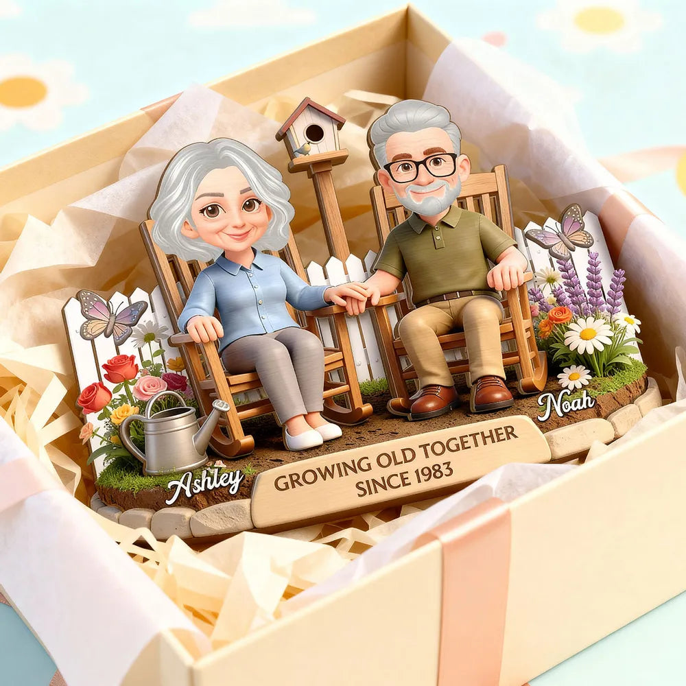 3D Effect Backyard Couple Growing Old Together - Personalized Wooden Plaque - Anniversary, Valentine's Day Gift For Couple