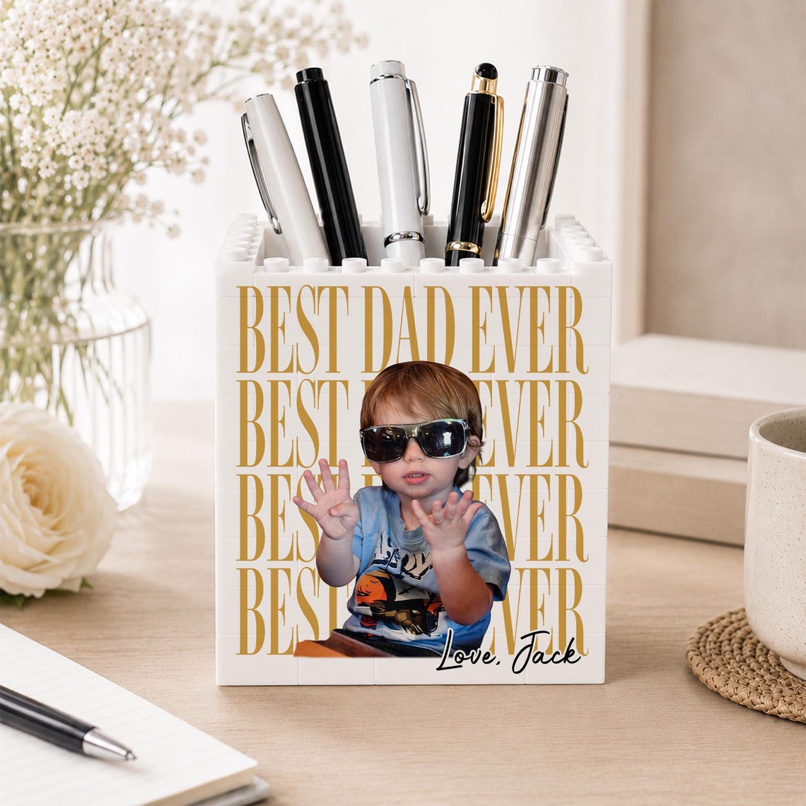 Personalized Photo Dad Building Block Pen Holder, Brick Photo Pencil Pot, Fathers Day Gift, Gift for Dad, Fathers Day Gift from Kids