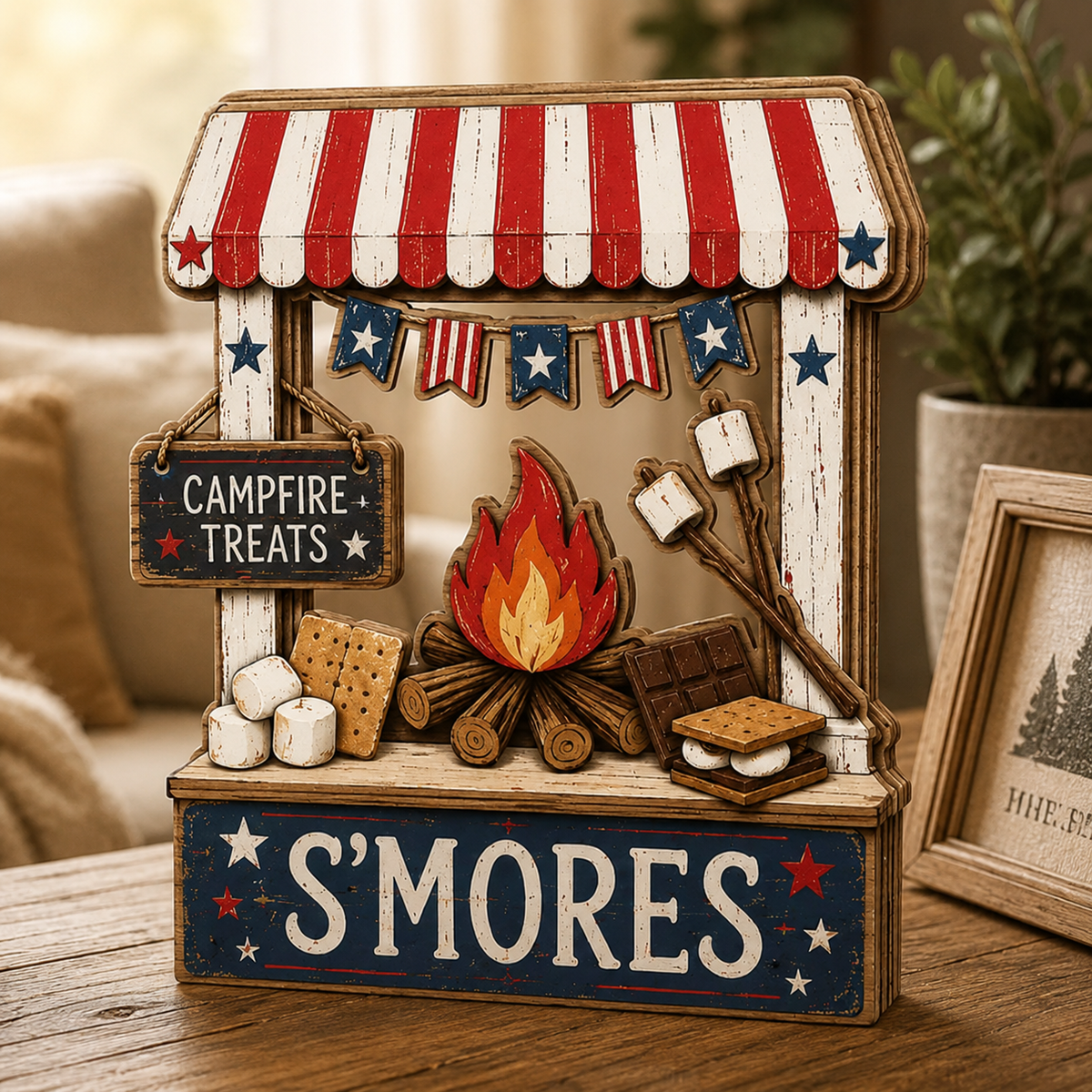3D Wooden Marshmallow Stand Sign, Gift for BBQ Lovers, Fourth of July Decor, Custom Name Kitchen Block, Patriotic Diner Tabletop Art