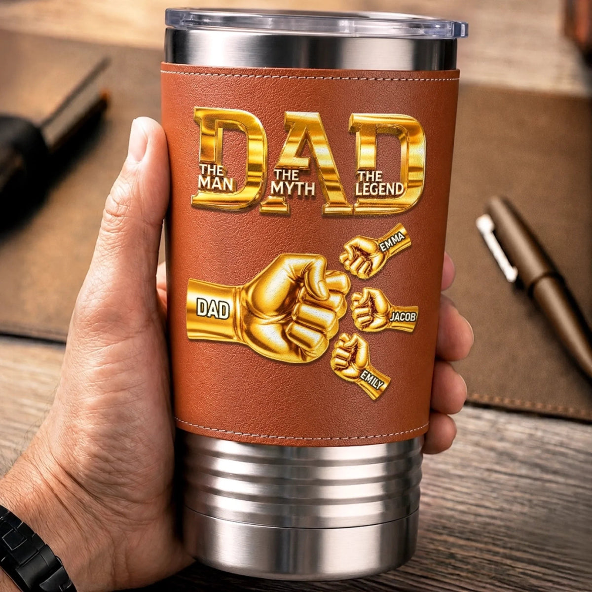 Dad Papa The Man The Myth The Legend - Personalized Leather Tumbler - Gift For Dad, Father's Day Gift