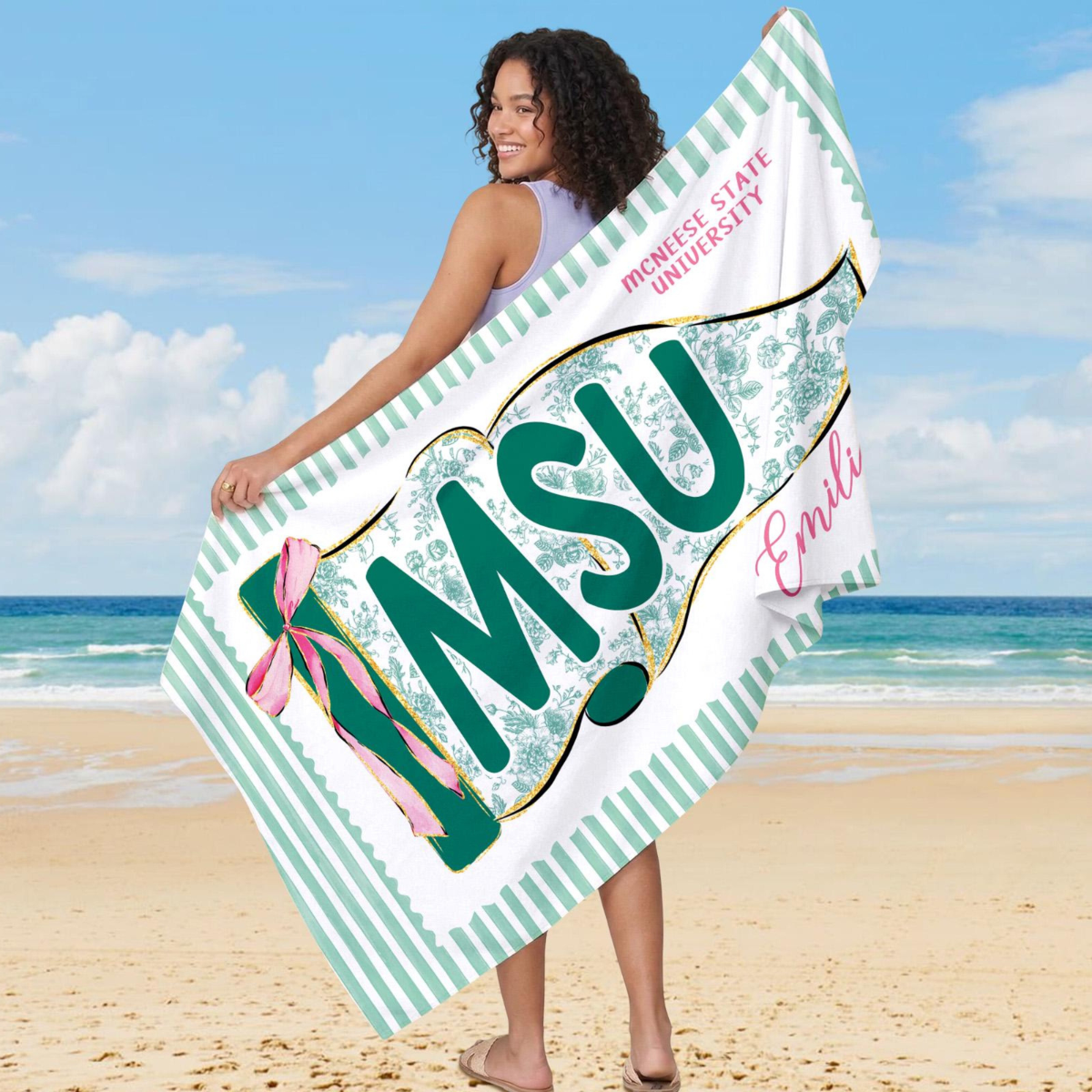 Personalized School Spirit Beach Towel: Coquette College Pennant Flag Towel, Grandmillennial Striped Towel, Sorority Girls Graduation Gift