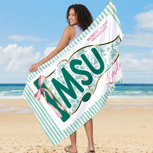 Personalized School Spirit Beach Towel: Coquette College Pennant Flag Towel, Grandmillennial Striped Towel, Sorority Girls Graduation Gift