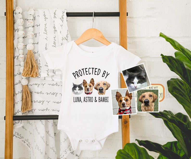 Custom Protected by Pets , Upload Photo Dogs and Cats, Personalized Baby Shower Gift, Baby Girl, Baby Boy Bodysuit