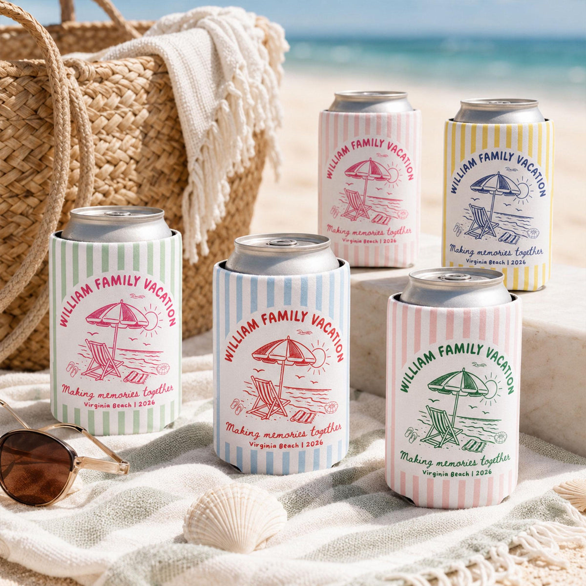 Custom Beach Family Vacation Can Coolers, Personalized Family Reunion Beer Huggers, Matching Coastal Vacation Gift, Family Summer Vacation