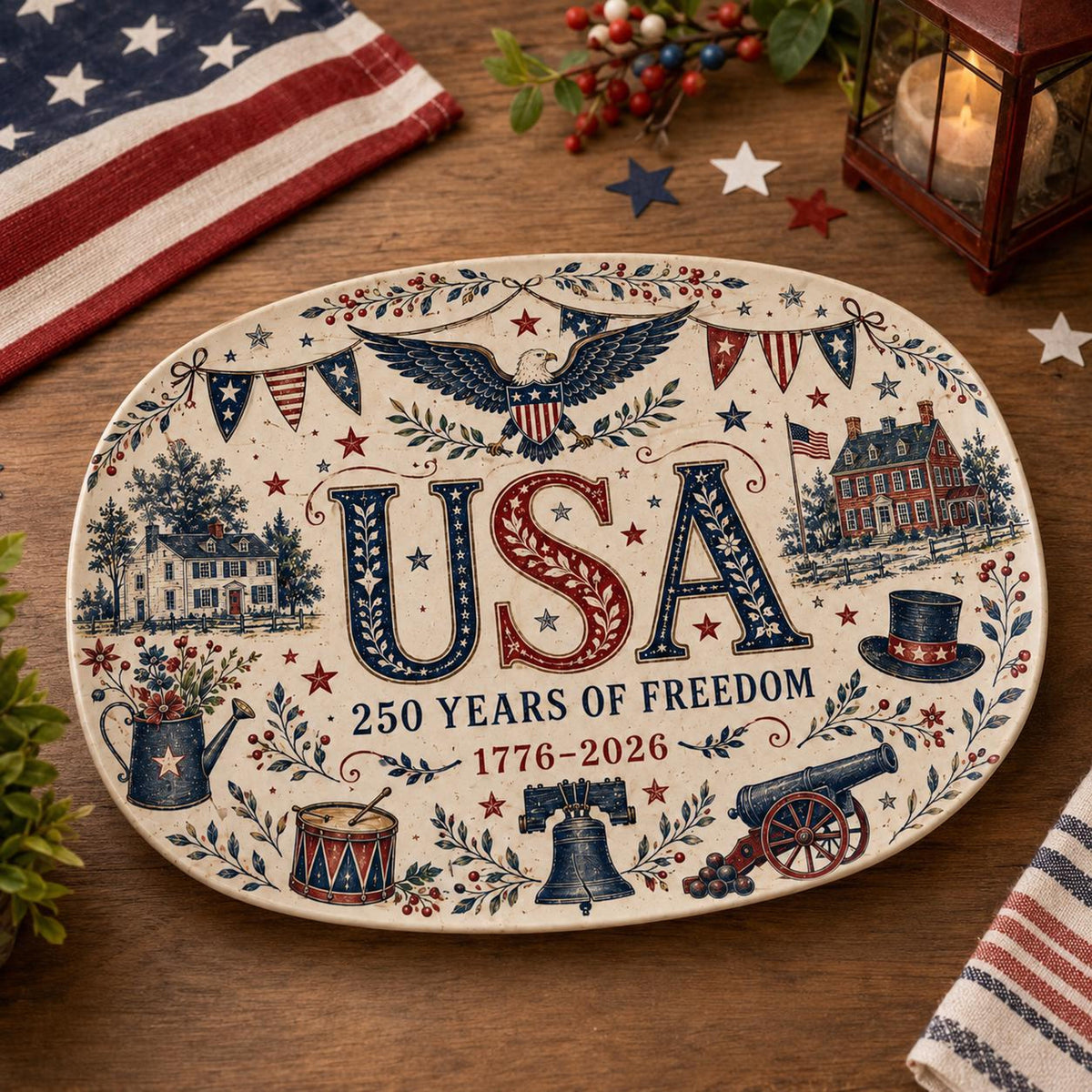 America 250th Anniversary Platter, 1776 2026 Patriotic Decorative Plate, Liberty Bell Freedom, 4th of July Decor, Independence Day Keepsake