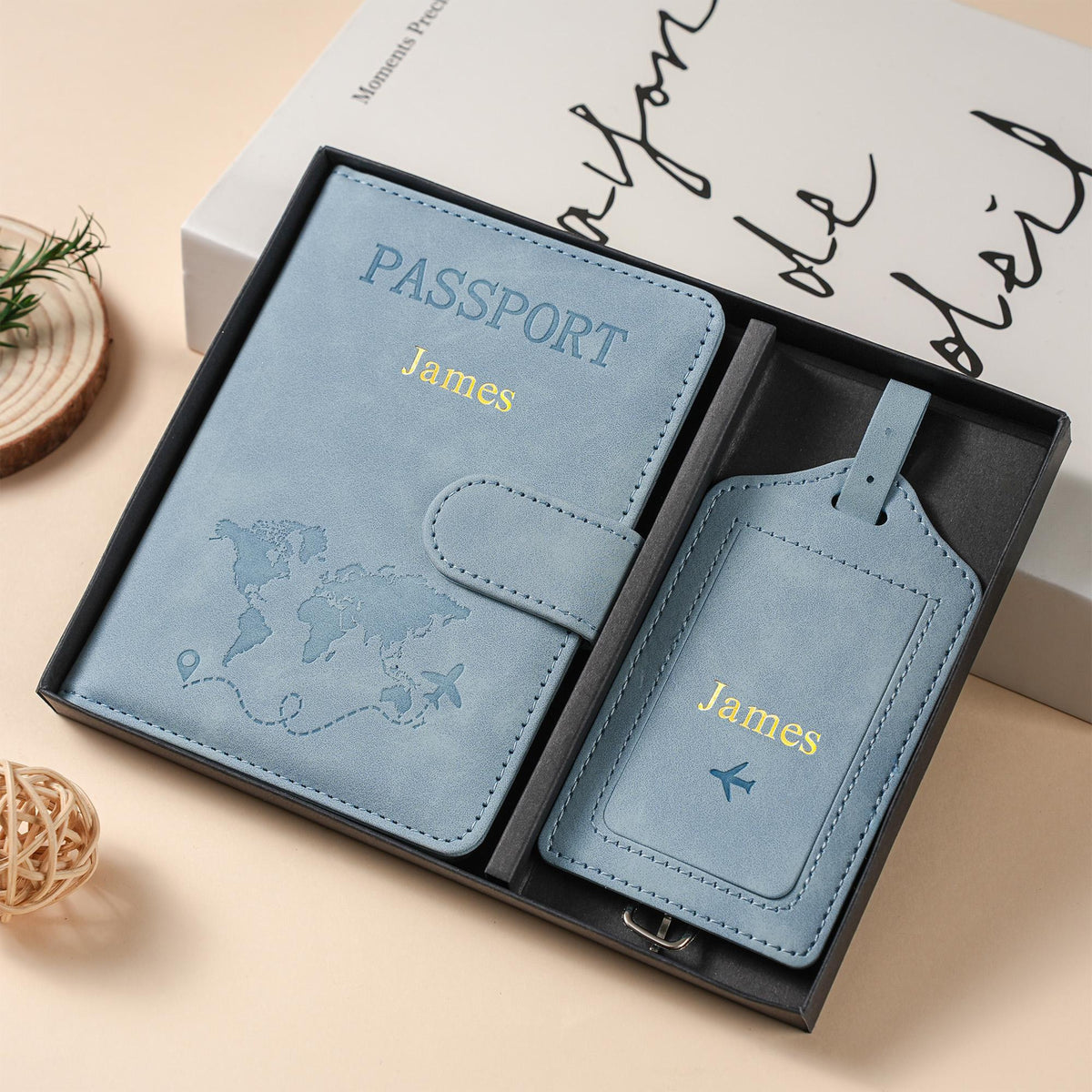 Personalized Passport Holder & Luggage Tag Set RFID Protection for Travelers, Custom Travel Gift