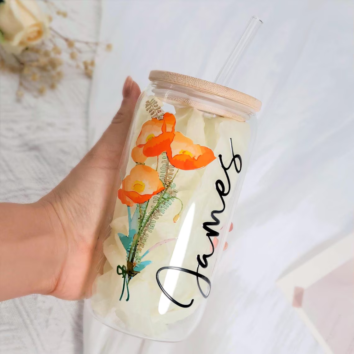 Custom Birth Flower Iced Coffee Tumbler, Personalized Floral Can Glass, Birthday Gift For Her