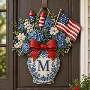 Personalized Patriotic Blue Hydrangea Wooden Door Hanger: Custom Monogram Chinoiserie Independence Day Gift