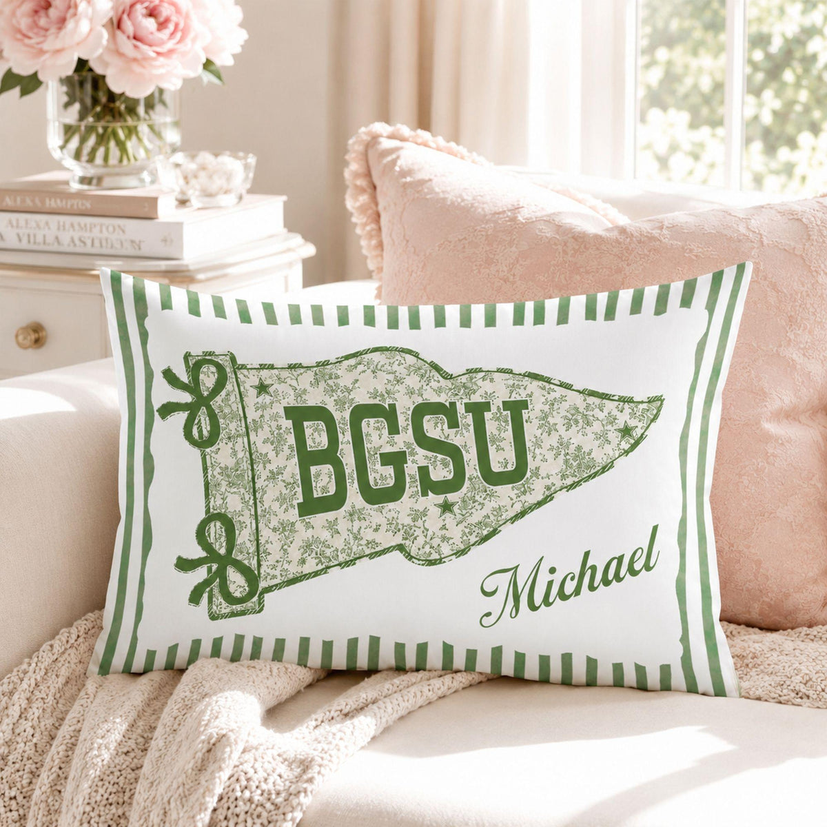 Personalized College Pillow, Custom Name Dorm Decor, Preppy Pennant Pillow, Floral Bow Pillow, Graduation Gift, College Bound Gift
