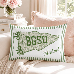 Personalized College Pillow, Custom Name Dorm Decor, Preppy Pennant Pillow, Floral Bow Pillow, Graduation Gift, College Bound Gift