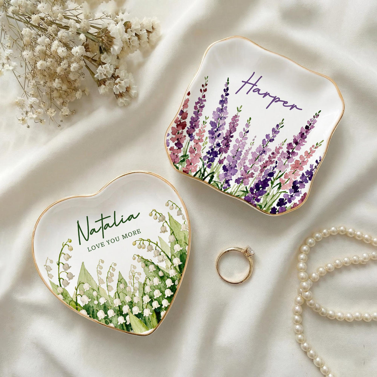 Personalized Birth Flower Trinket Dish, Custom Watercolor Flower Ring Dish, Mother's Day Gift, Wedding Bridesmaid Gift, Birthday Jewelry Dish