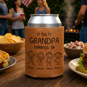 This Grandpa Belongs To Us - Personalized Leather Can Cooler - Gift For Dad, Grandpa, Father's Day