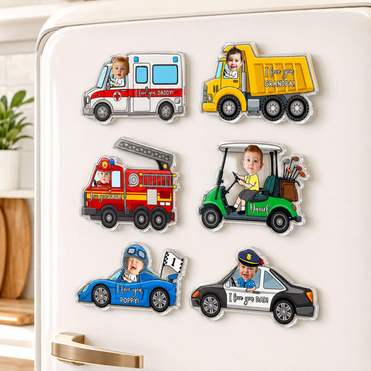 Personalized Kid Ride on Vehicle Fridge Magnet: Custom Baby Face Car Magnet, Best Gift for Dad, Mom, Gradma, Grandpa