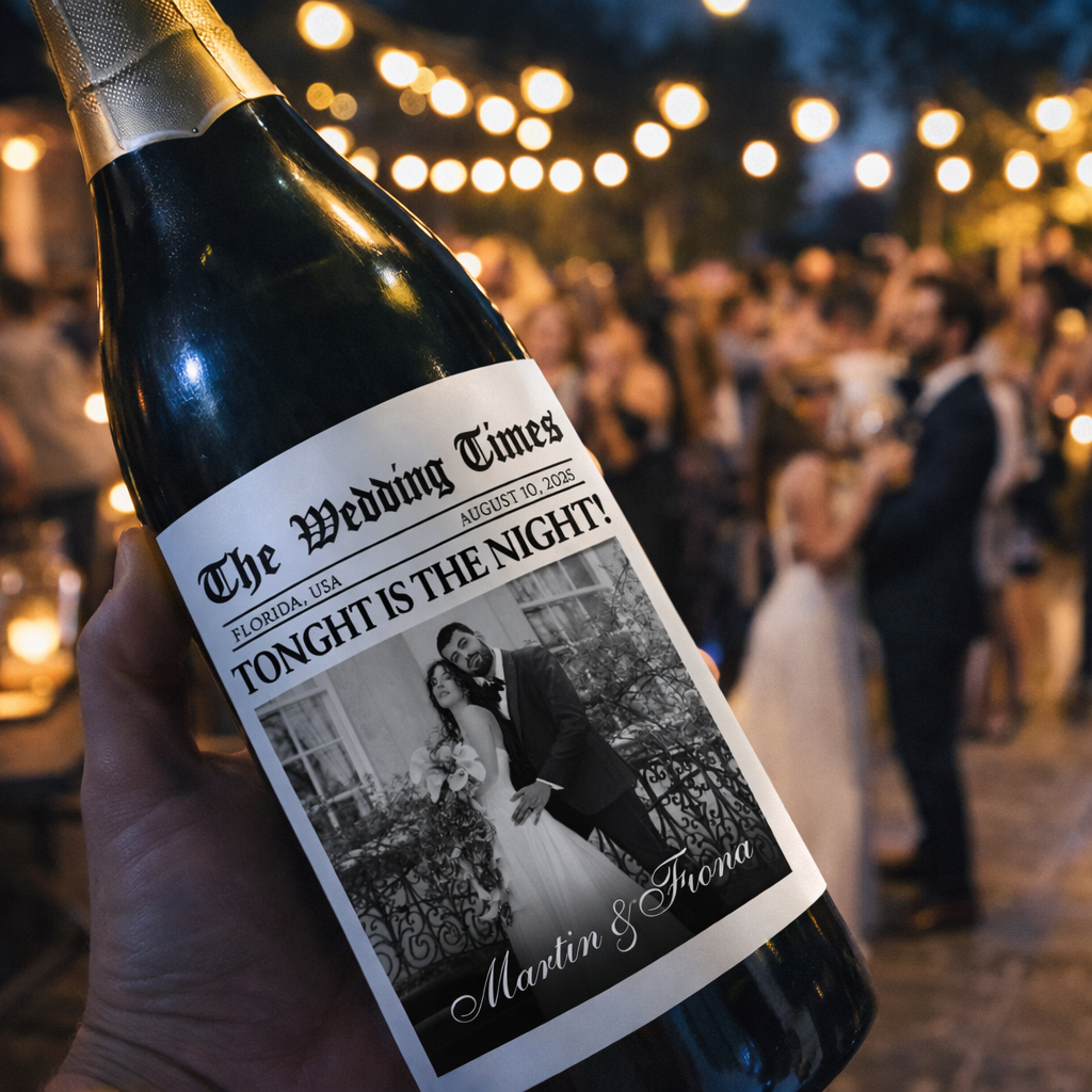 The Wedding Times Newspaper Custom Photo Wine Label Wedding Gift for Couples, Engagement Gifts, Anniversary Gift, Custom Wedding Day Champagne Labels