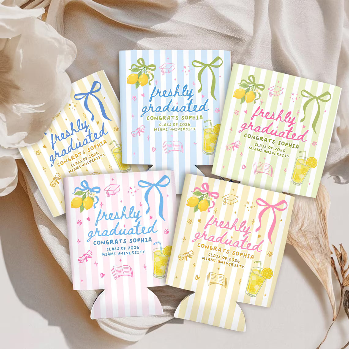 Personalized Summer Vibe Graduation Can Cooler, Striped Graduate Can Cooler, Congrats College Graduate Party Favors, Graduation Party Favors