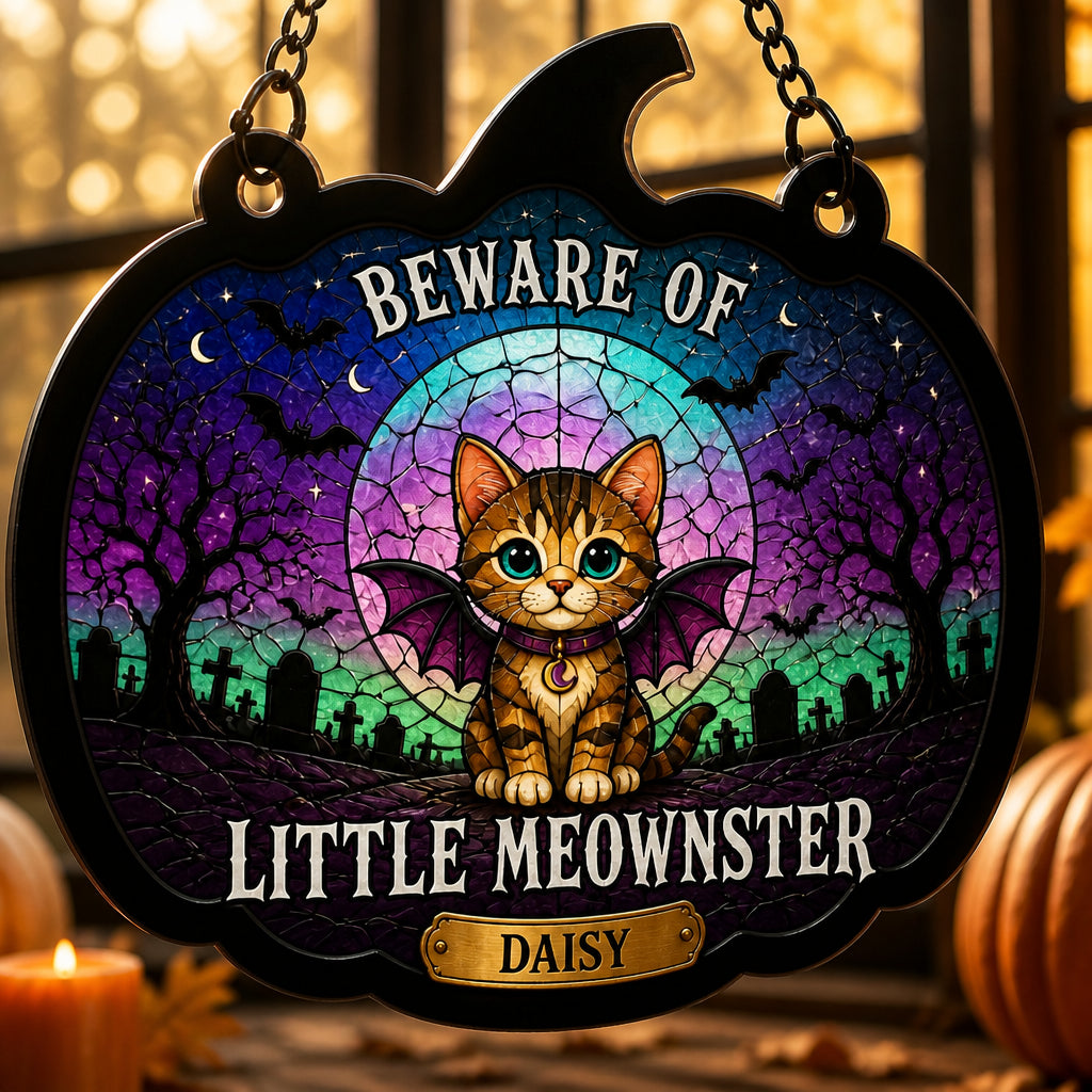 Beware of Little Meownster – Halloween Cat Suncatcher (Name) - Personalized Suncatcher Stained Glass 122aa10c-1722-4aca-a26c-2635351450d4.jpg