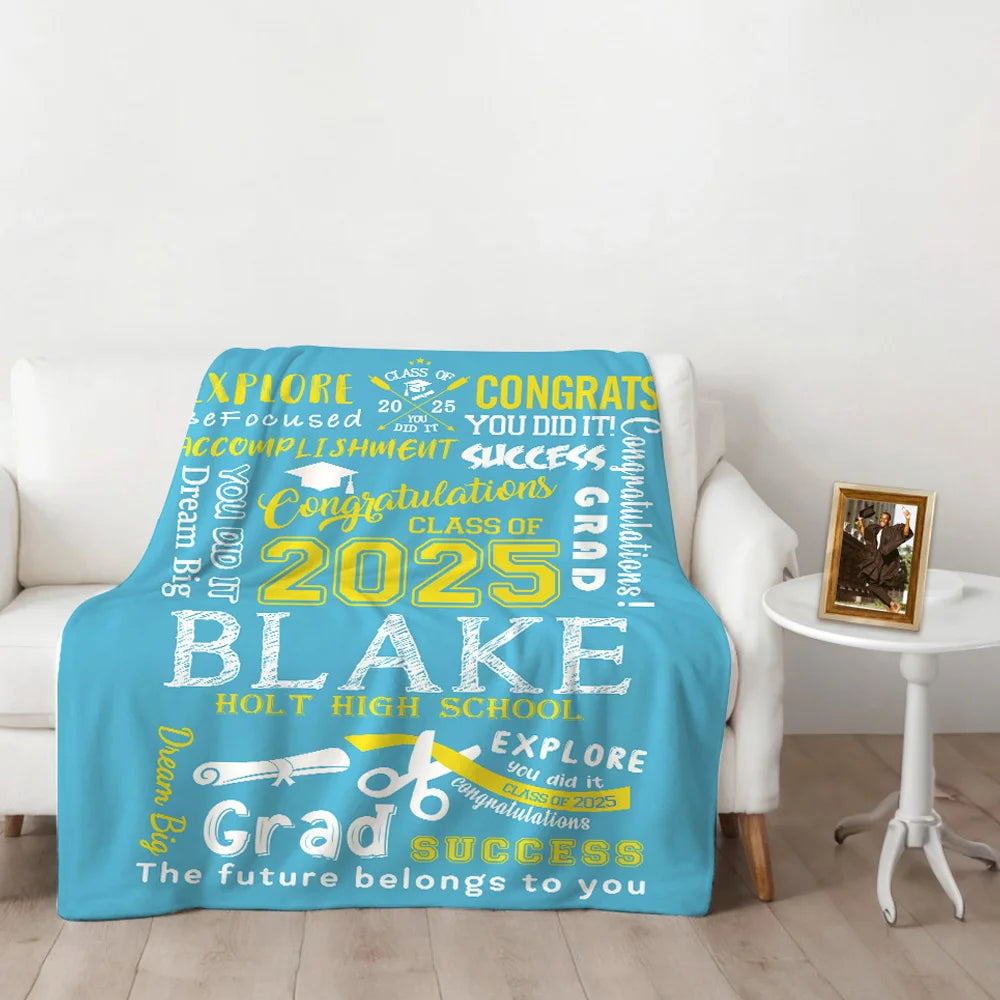 Personalised Graduation Inspiration Multicolor Soft Fleece Name Blanket with Year and School Name Class of 2025 Graduation Gift for Graduate