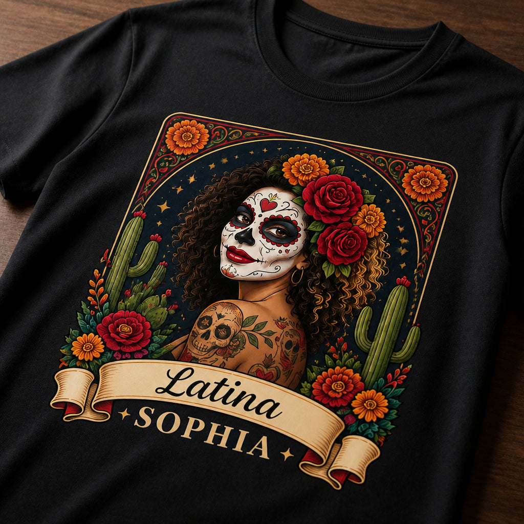 Custom Día de los Muertos Portrait T‑Shirt with Name Banner - Personalized T-shirt 1289ba8b-d86c-405a-b530-78cf097fa1ea.jpg