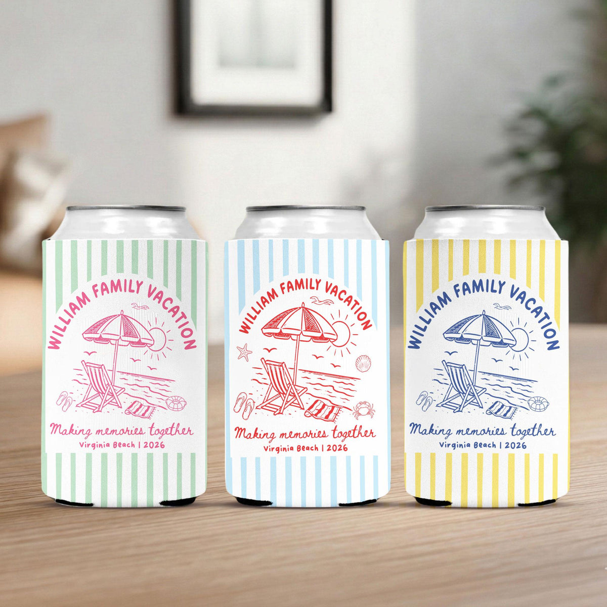 Custom Beach Family Vacation Can Coolers, Personalized Family Reunion Beer Huggers, Matching Coastal Vacation Gift, Family Summer Vacation