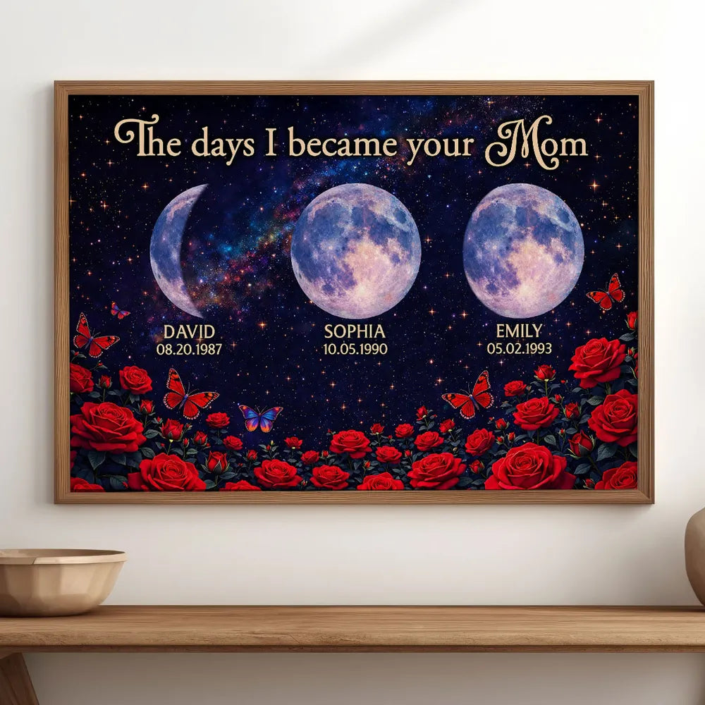 Roses The Day You Became Mom Grandma Custom Birth Moon Phase - Personalized Canvas - Mother's Day Gift For Mom, Grandma