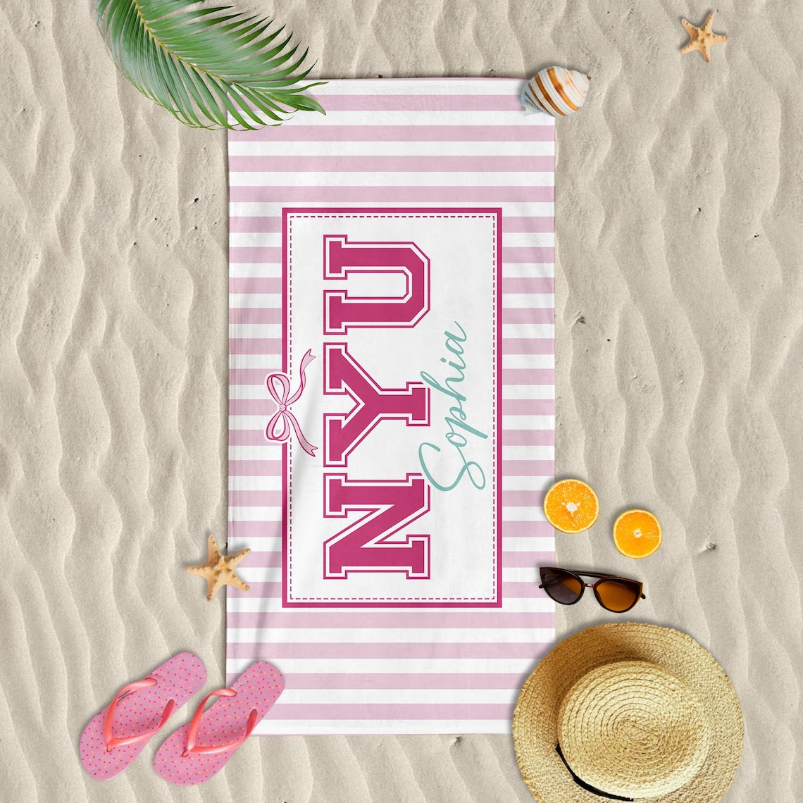 Personalized Coquette School Striped Beach Towel: College University Pride Spirit Gift, High School Graduation Gift, Class Of 2026 Gift