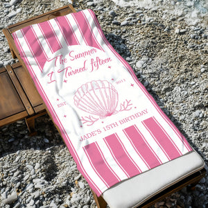 Custom The Summer I Turned Birthday Beach Towel, Birthday Party Beach Towels, Summer 20th 30th 40th Birthday Gift, Bachelorette Towels