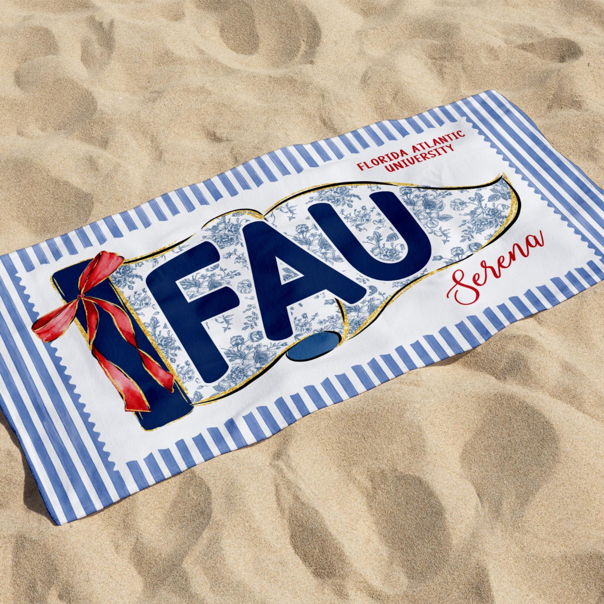 Personalized School Spirit Beach Towel: Coquette College Pennant Flag Towel, Grandmillennial Striped Towel, Sorority Girls Graduation Gift