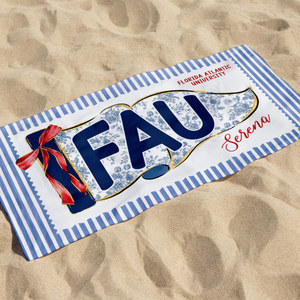 Personalized School Spirit Beach Towel: Coquette College Pennant Flag Towel, Grandmillennial Striped Towel, Sorority Girls Graduation Gift