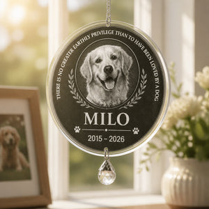 Pet Memorial Slate – Loved By A Dog (Photo + Name + Years) - Personalized 1 Layered Suncatcher with Charm 12b64467-1078-4bf5-abea-23c344dfa64c.jpg