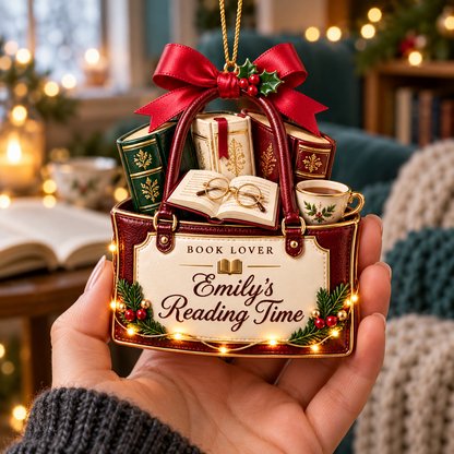 Personalized Book Lover Christmas Ornament – Custom Name Reading Bag with Books and Teacup, Bookish Keepsake Gift for Readers and Bookworms 12cb0b7b-ccdc-4a55-a563-9f89b76ee482-Book-Lover-Christmas-Ornament-in-Hand-2.png