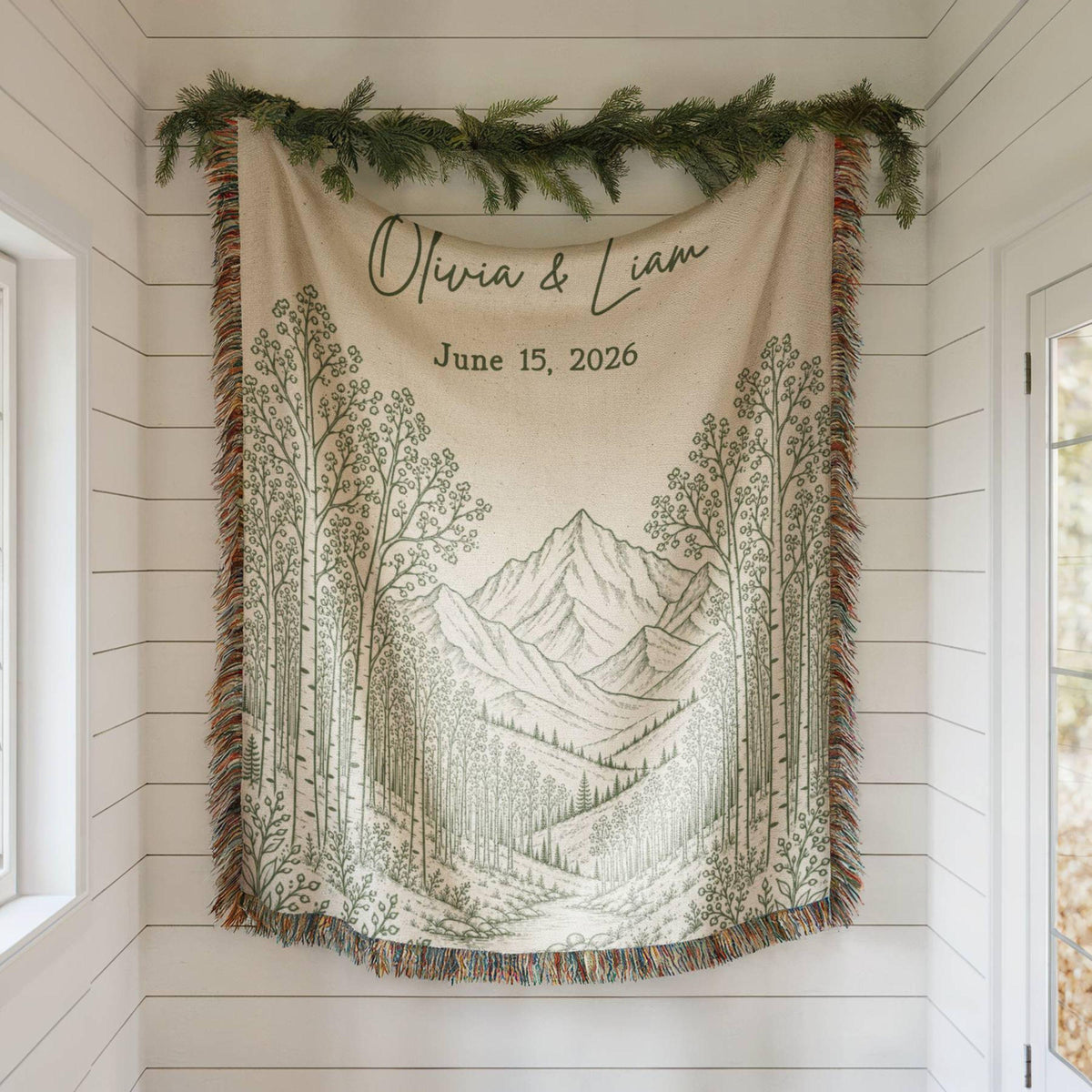 Personalized Mountain Woven Blanket, Custom Couple Name Date Throw, Forest Wedding Gift, Cotton Anniversary Gift for Couples Nature Lovers 1327c150-1617-4a90-8877-36c668074fb0-8.jpg