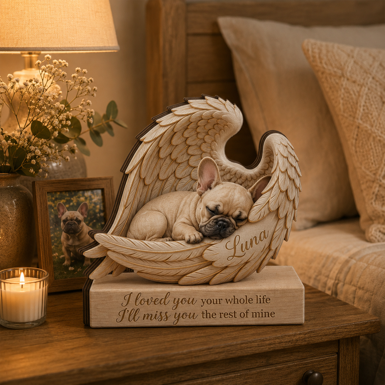 Personalized Frenchie Dog Memorial Wooden Block: Printed Angel Wings Pet Loss Gift Dog Lover Gift